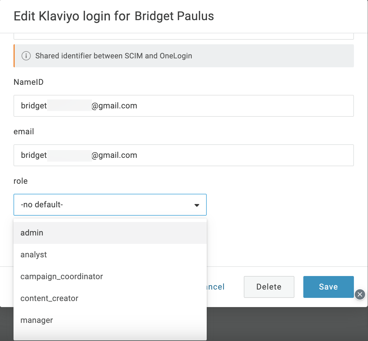 Välja en Klaviyo-roll för en användare