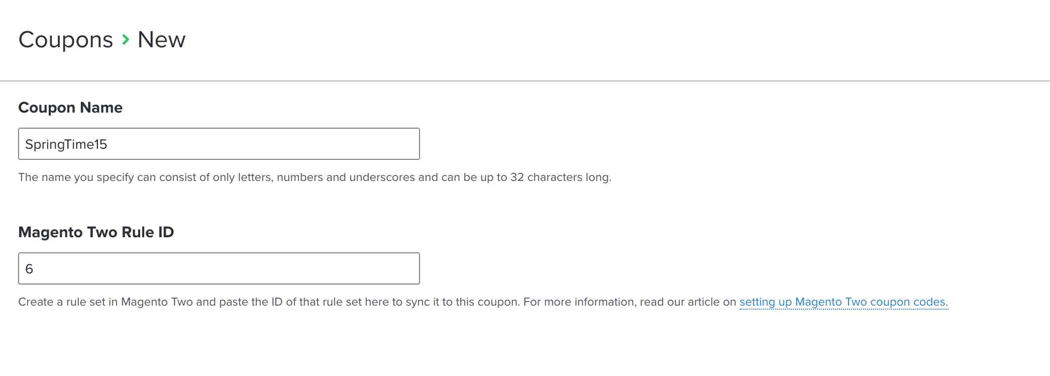 Modalen frågar efter namnet på din nyskapade kupong och dess Magento 2-regel-ID.