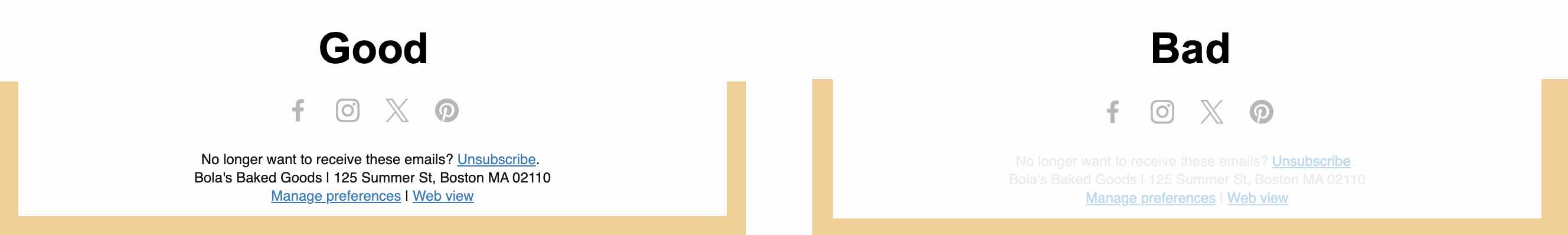 Exempel på sidfot för e-post med bra och dålig tillgänglighet när det gäller färgval