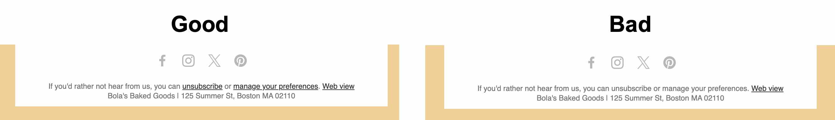 Exempel på e-postfötter med lätt synliga och kamoflaggade avsluta prenumerationsknappar