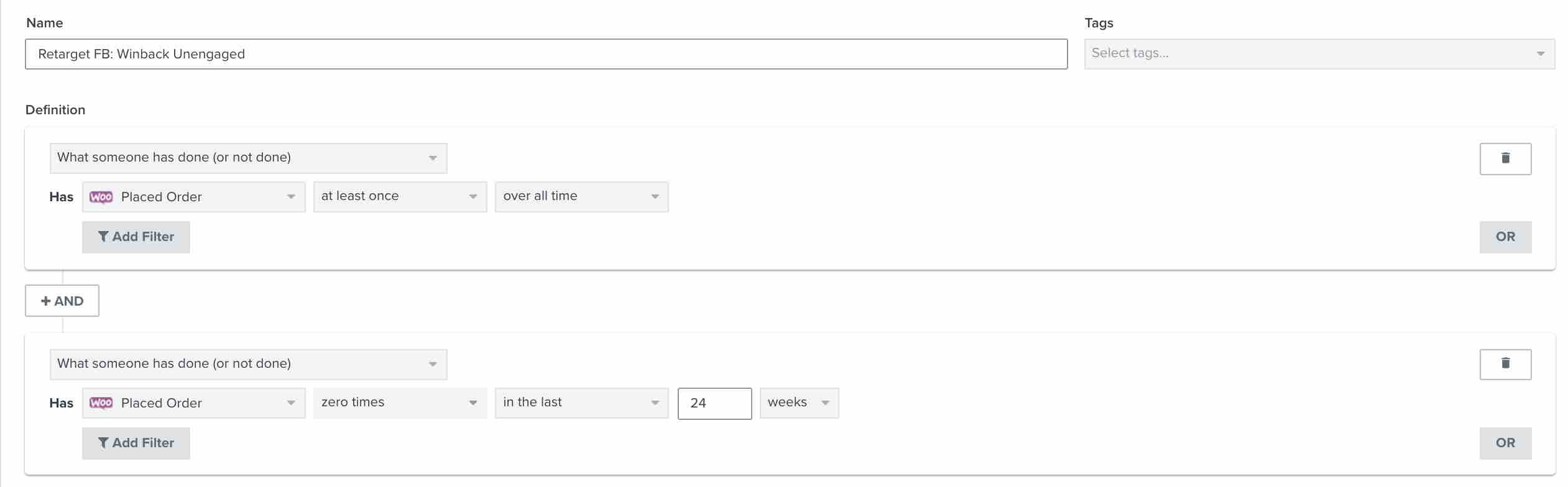 segment i Klaviyo segment byggare av kund som har köpt tidigare men inte under de senaste sex månaderna