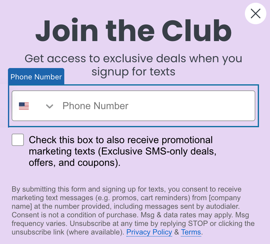 Enstegsformulär med både transaktions- och kampanj-sms-samtycke