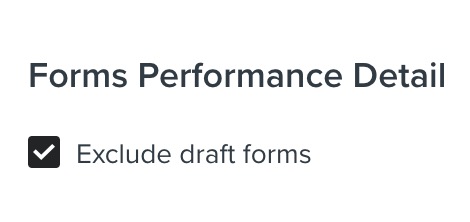 Checkboxen Exclude draft forms markerad på kortet Forms Performance Detail
