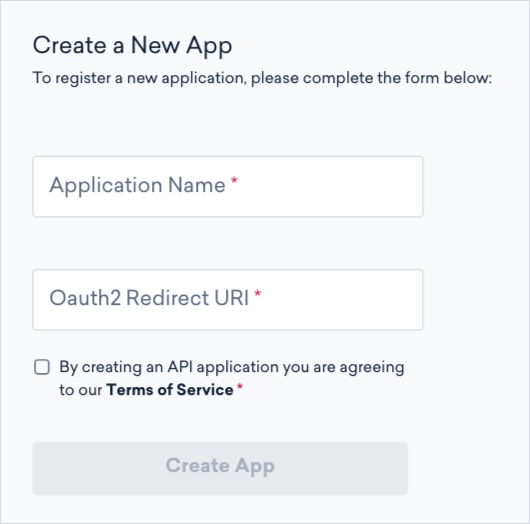 Skapa en ny app i Classy med fält för Application Name och Oauth2 Redirect URI, create app gråmarkerad