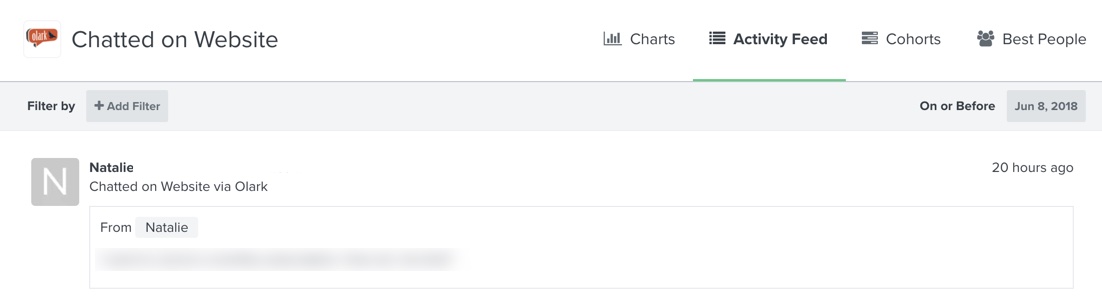 Klaviyo Aktivitetsflöde för Chatted on webbplatsevenemang som visar en tidsstämplad händelse för Natalie