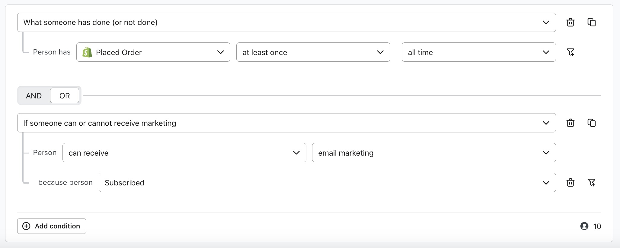 Exempel på hur OR används i ett segment