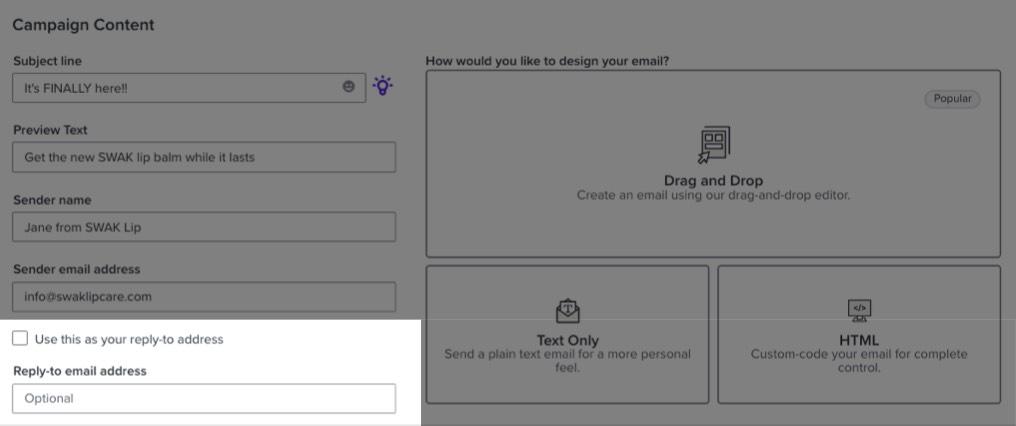 Checkbox som gör det möjligt att ange olika svarsadresser för kampanj eller flöde e-post