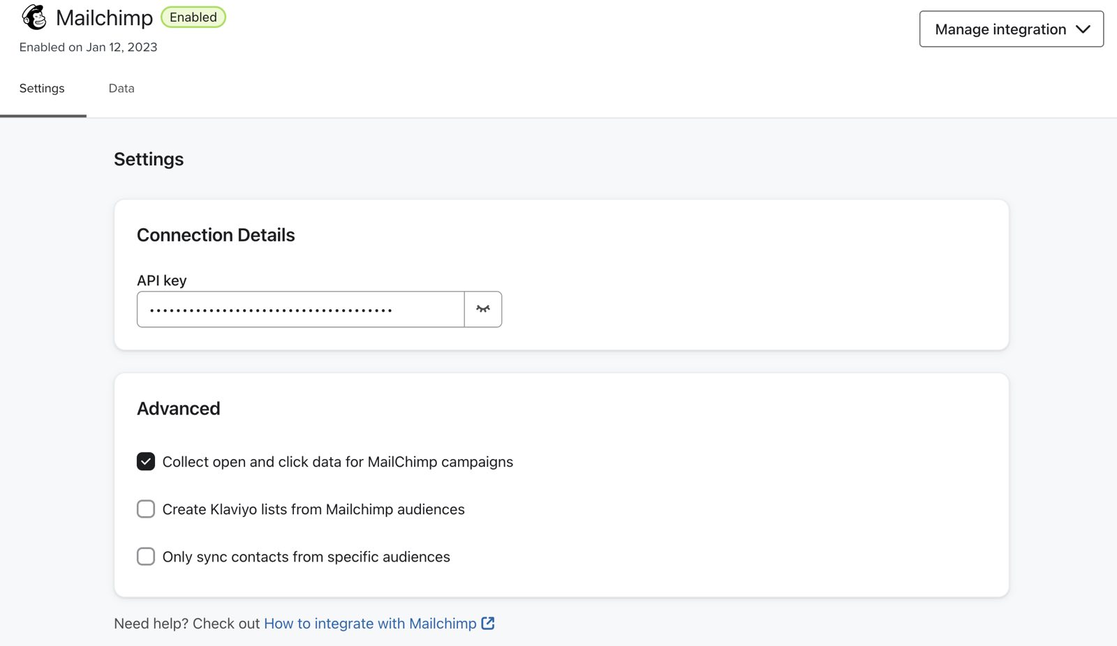 Instellingspagina in Klaviyo voor Mailchimp-integratie met opties voor het synchroniseren van publieken