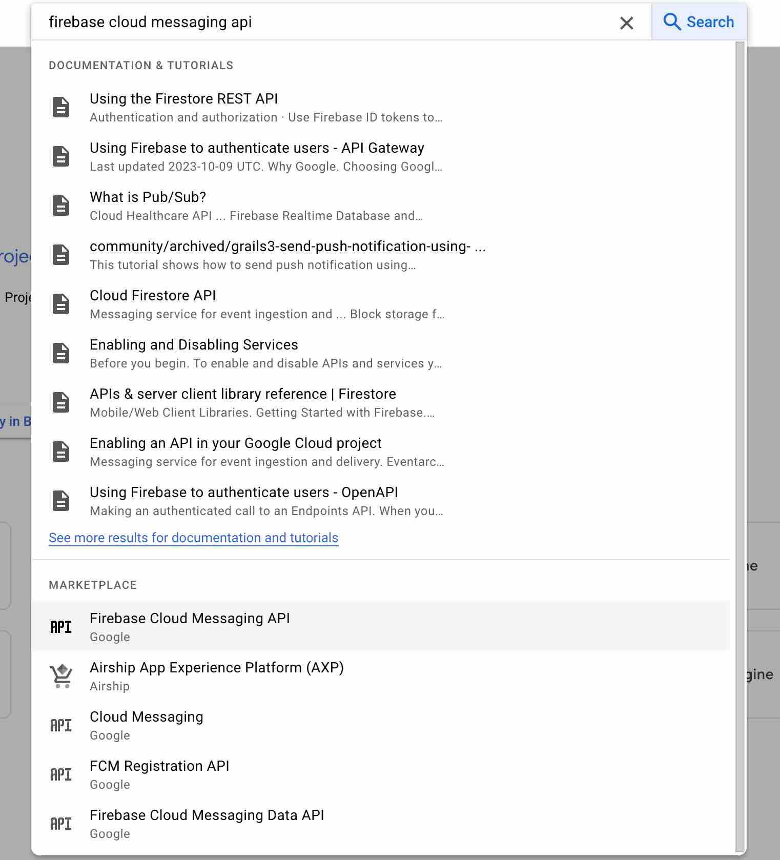 Buscando la interfaz de programación de aplicaciones (API) de Firebase Cloud Messaging