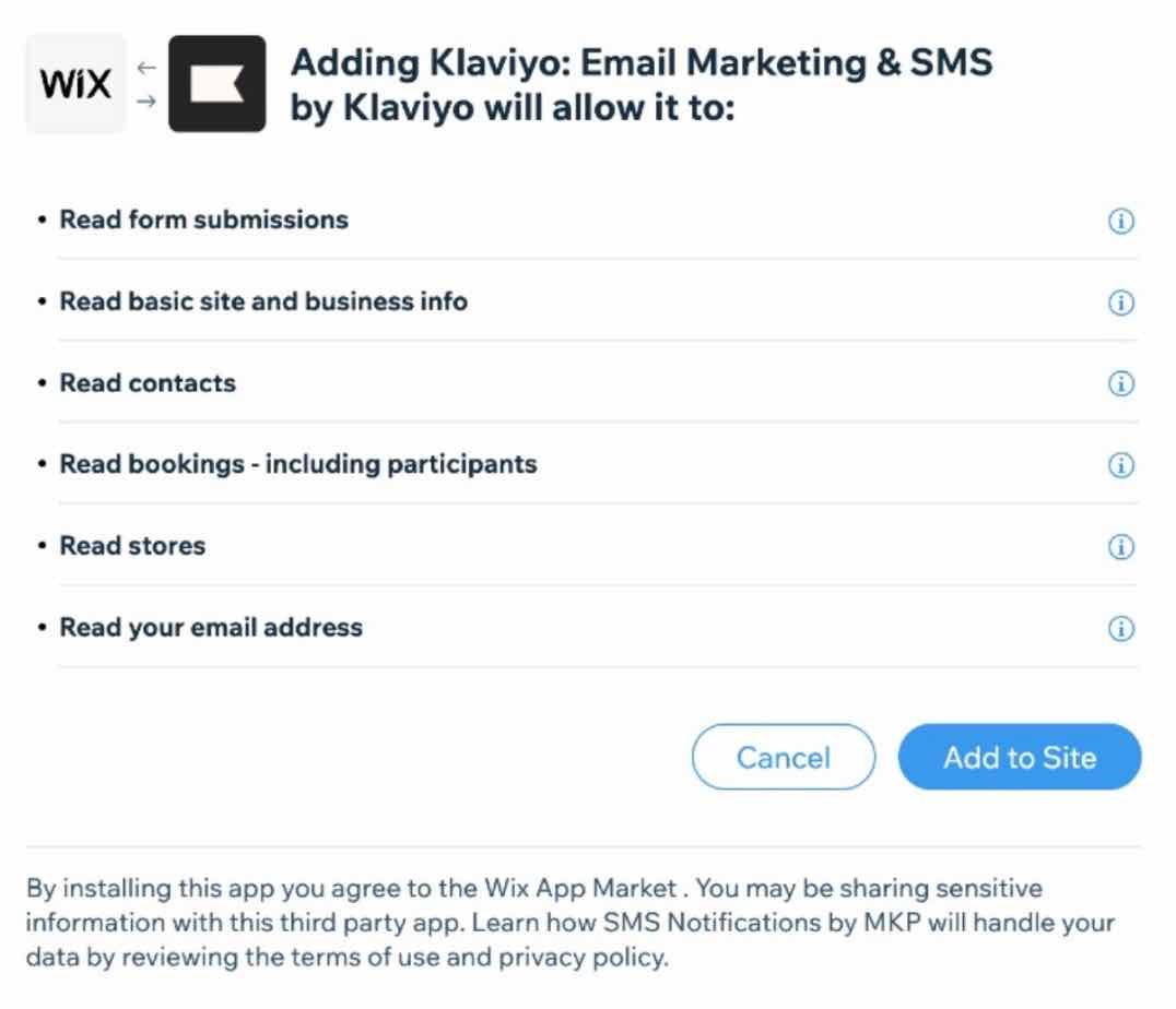 Wix Klaviyo integraciones página de permisos con los permisos listados, con Añadir al sitio con fondo azul, y Cancelar con fondo blanco