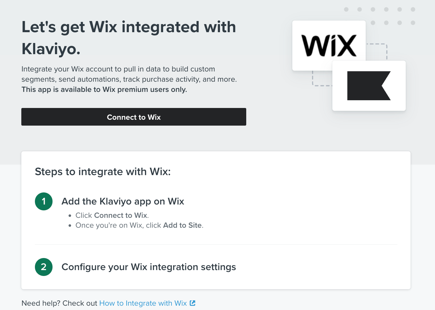 Página en Klaviyo Vamos a integrar Wix con Klaviyo con Conectar con Wix con fondo negro