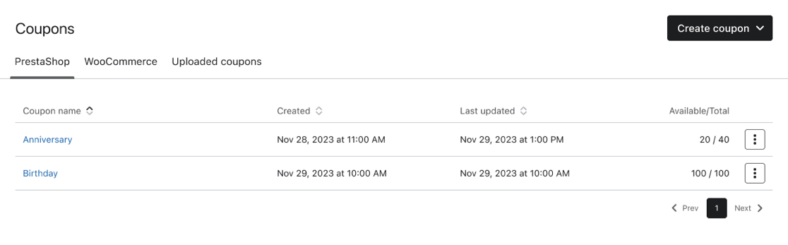 lista de cupón creado en Klaviyo