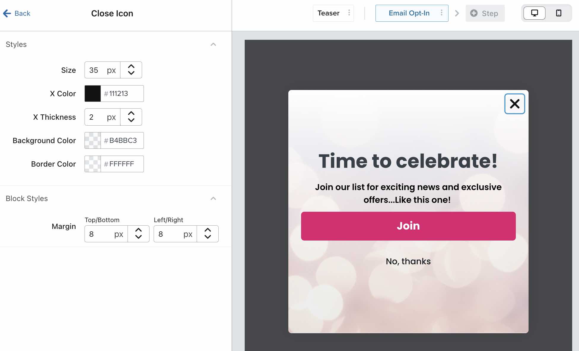 El menú de configuración de un icono de cierre, donde puedes editar sus opciones de estilo.