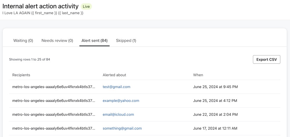 Pestaña de actividad de la acción de notificación que muestra los destinatarios y la hora de la notificación.