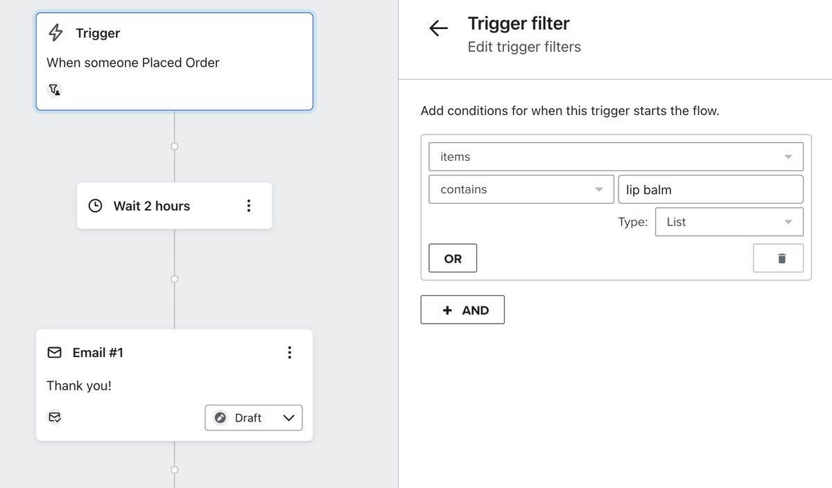 Menú de configuración del activador con el filtro de activación "Los artículos contienen bálsamo labial".