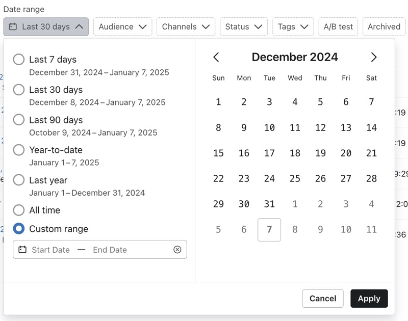 Selector de intervalo de fechas que muestra opciones preestablecidas como Últimos 7 días, Últimos 30 días y otras con calendario de diciembre de 2024