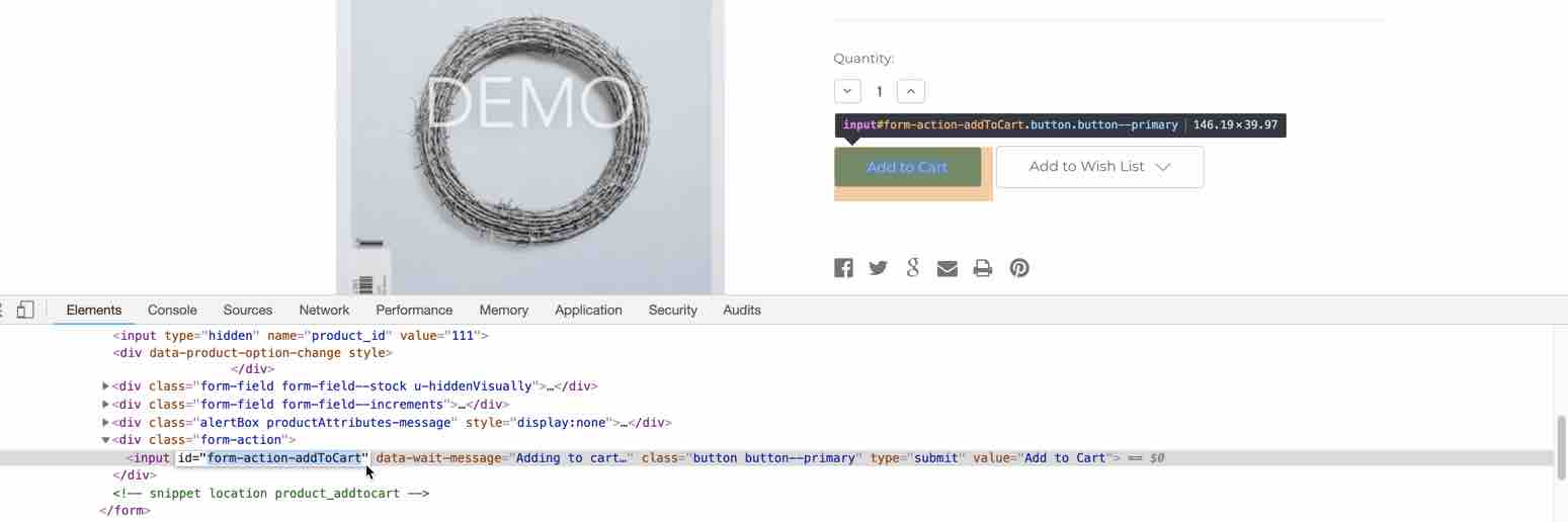 BigCommerce tienda, comercio demo artículo con Chrome consola abierta y añadir a la cesta botón ID, form-action-addToCart, resaltado
