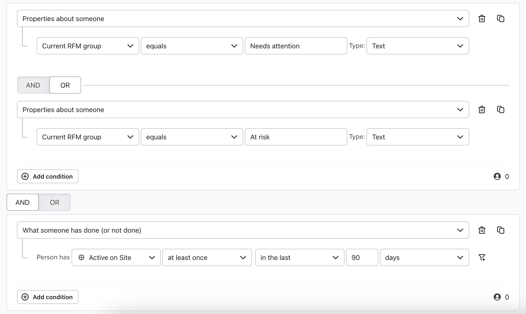 segmento de perfil Sin actividad o En riesgo que han navegado recientemente por tu web