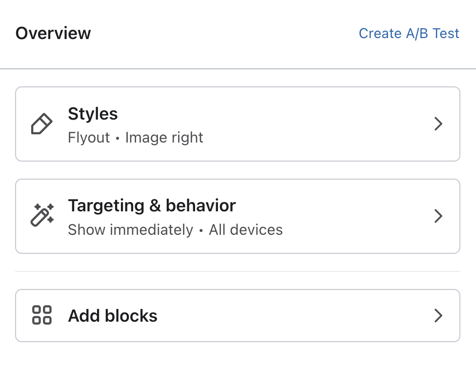 El menú Visión general dentro del editor de formularios, donde puedes seleccionar la pestaña Estilos, la pestaña Orientación y comportamientos o la pestaña Añadir bloque para seguir editando.