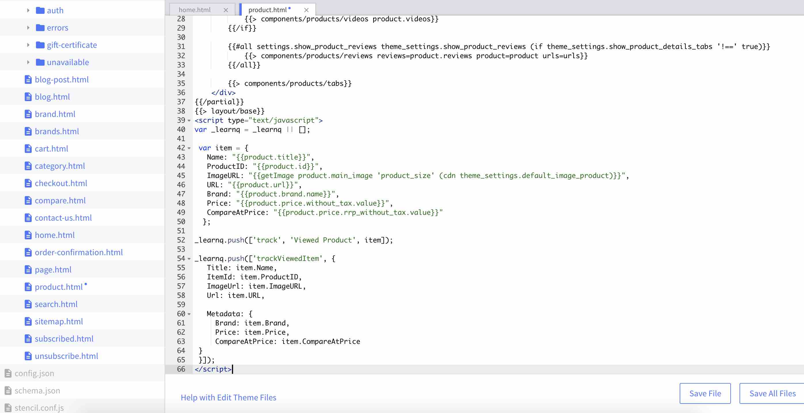 El editor de archivos de BigCommerce muestra el archivo product.html con el fragmento de producto visto de Klaviyo añadido en la parte inferior