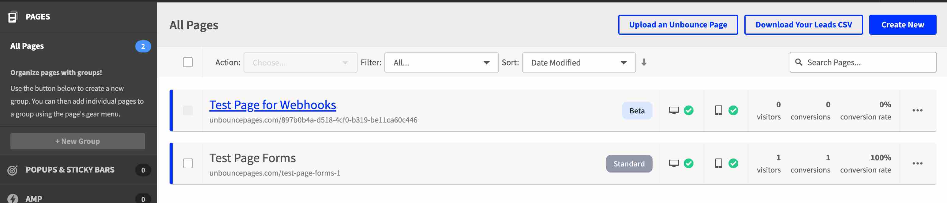 Página Todas las Páginas en Unbounce con Crear Nuevo con fondo azul oscuro