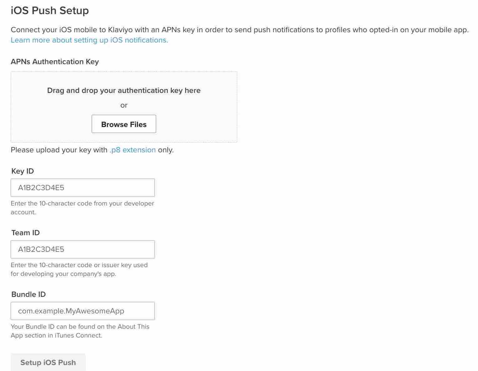 Información necesaria para configurar la notificación push de iOS