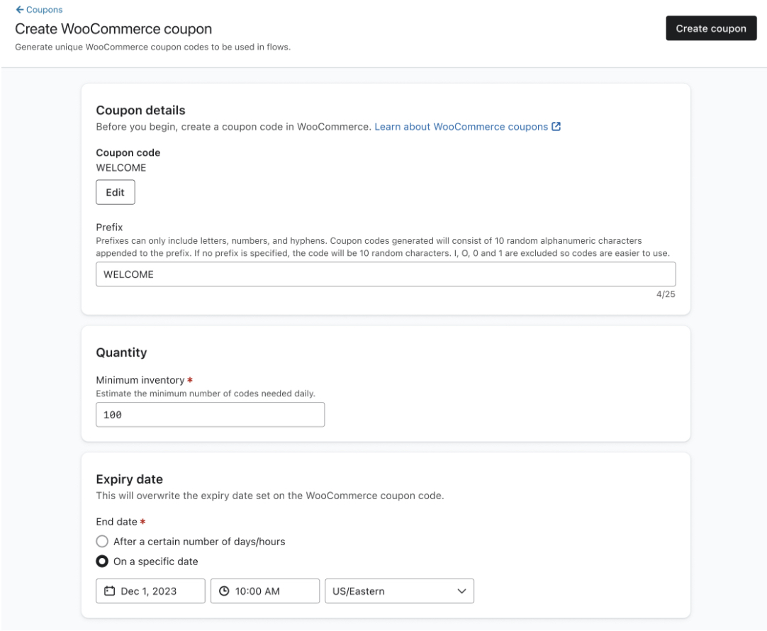 El menú Crear WooCommerce cupón donde puedes establecer las propiedades del cupón, como el prefijo, la cantidad y la fecha de caducidad.