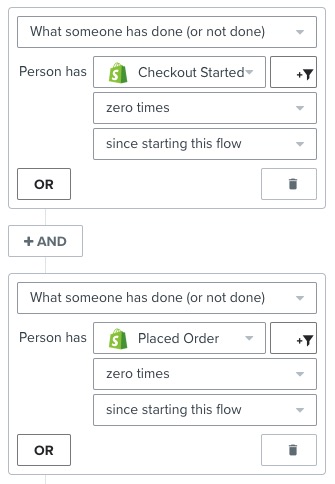 filtro de flujo con la configuración 'Iniciado página de pago cero veces desde el inicio de este flujo' y 'Realizado Pedido cero veces desde el inicio de este flujo'.