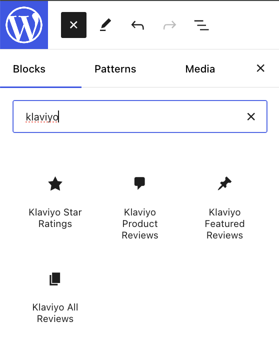 La sección Klaviyo del menú del bloque del editor visual de Wordpress