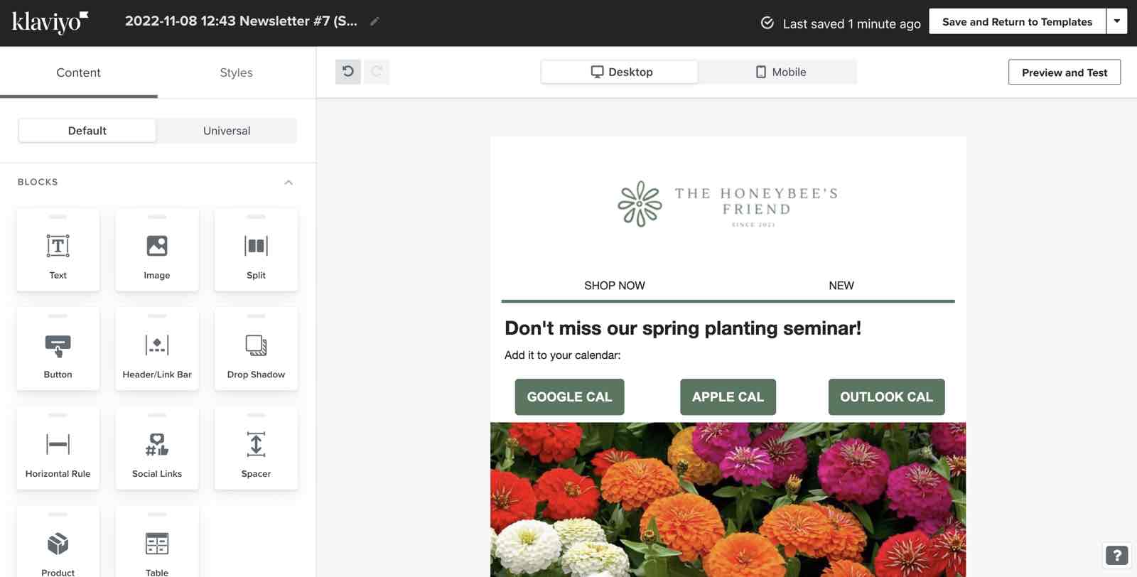 A Klaviyo plantillas de correo electrónico con botón bloque enlaces calendario