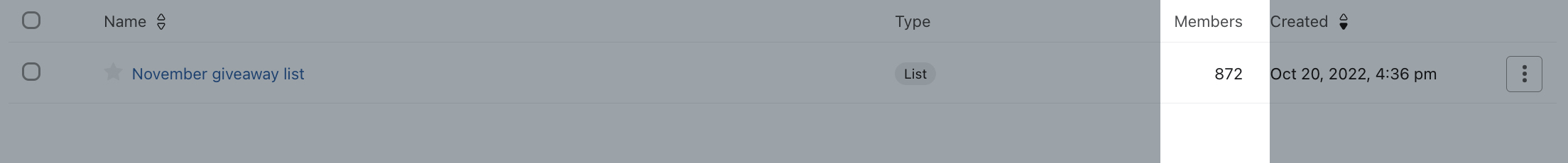 La pestaña lista & segmento en Klaviyo muestra la vista de lista con la columna de miembros resaltada para una lista de ejemplo.