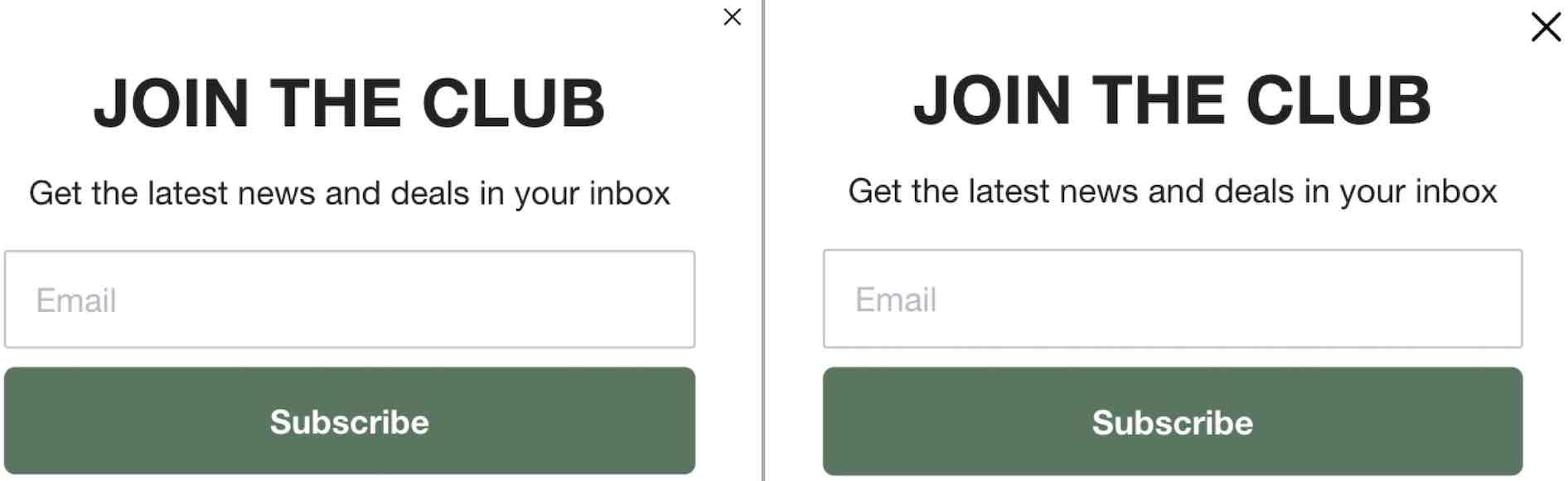 Dos formularios de ejemplo uno al lado del otro, con el icono de cerrar ligeramente más grande en la imagen de la derecha.