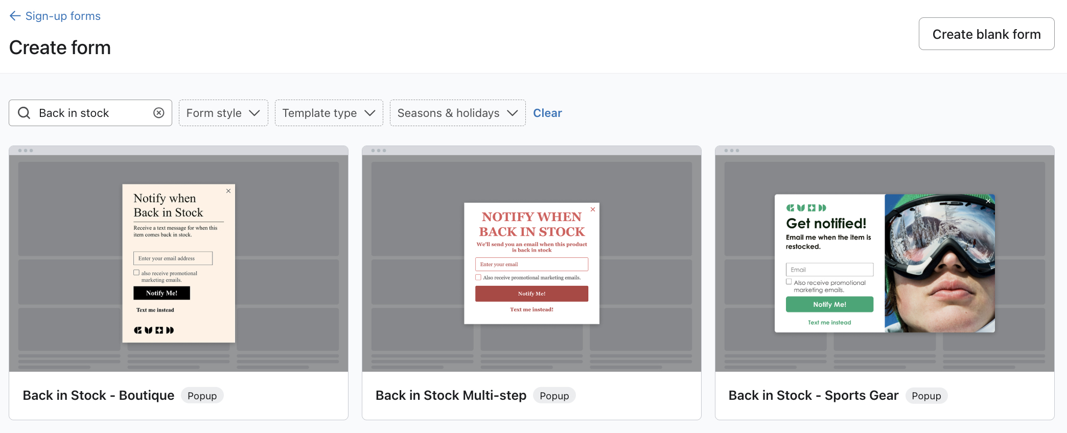 Three Back in Stock popup form templates displayed for selection on the Create Form page.