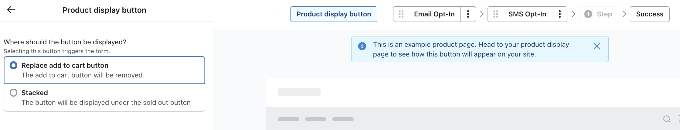 Paramètres du bouton d’affichage des produits avec des options pour remplacer ou empiler 
