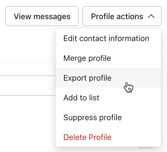 Dropdownmenu voor profielacties met de optie Profiel exporteren gemarkeerd