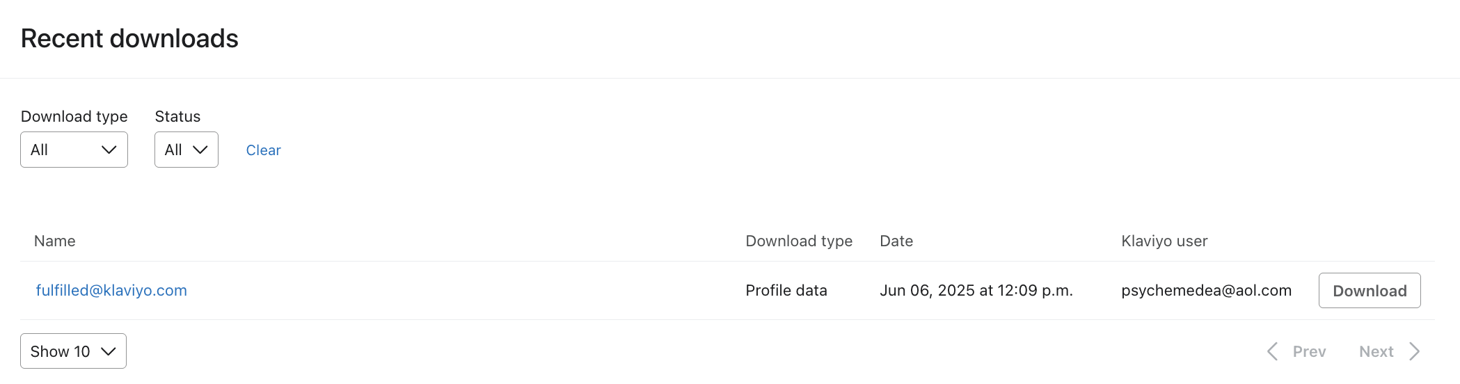 De Klaviyo-downloadpagina waar je op Downloaden kunt klikken om je profielgegevens als .zip-bestand te exporteren