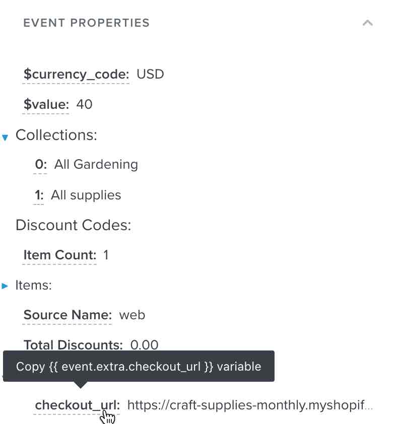 Użytkownik kopiuje zmienną zdarzenia w Klaviyo