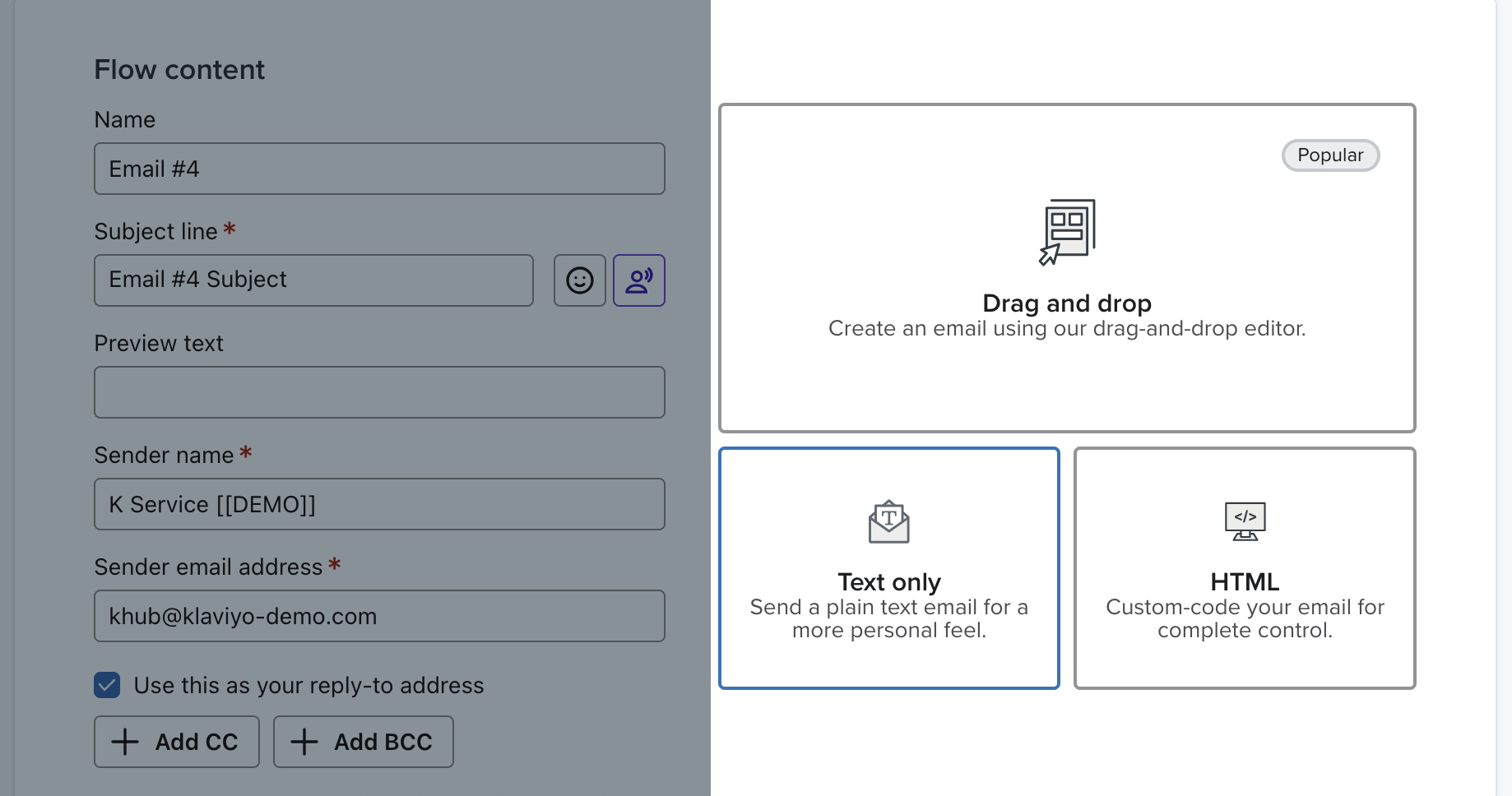 The Text only button on the Flow content page.