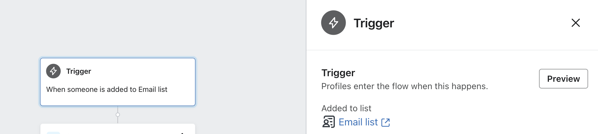The details sidebar showing the list that triggers a flow.