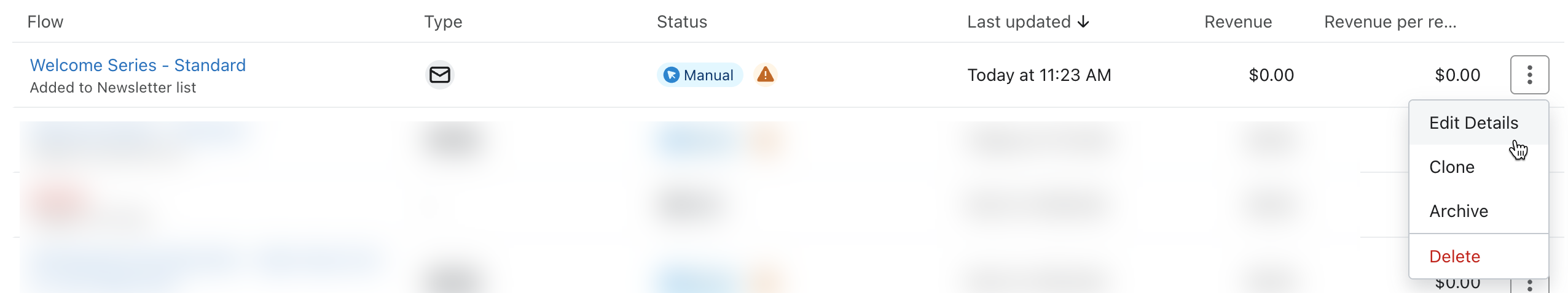 Pulsante d'azione rappresentato da tre puntini che si trovano sul lato destro di un flusso nella visualizzazione dell'elenco dei flussi.
