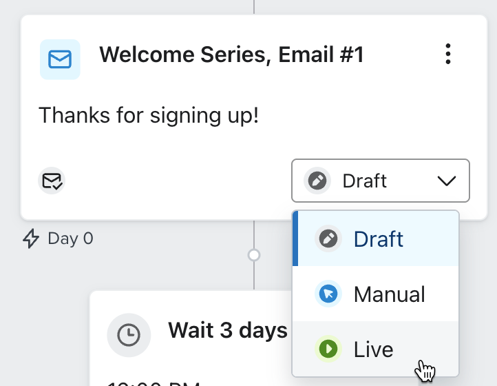 Lista rozwijana statusu wiadomości znaleziona po kliknięciu karty wiadomości.
