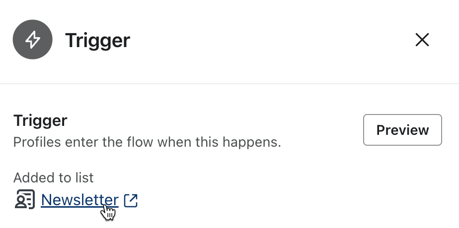 Die Seitenleiste des Flow Builders zeigt die Liste, die den Flow auslöst.