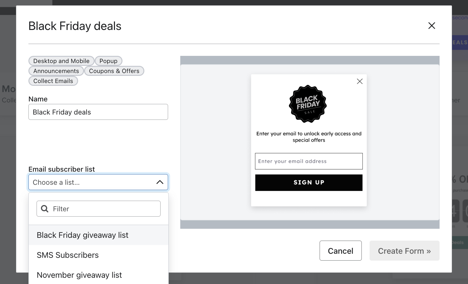 El modal de vista previa que aparece cuando seleccionas una plantilla de formulario y te permite seleccionar un nombre y una lista de envío para tu formulario.