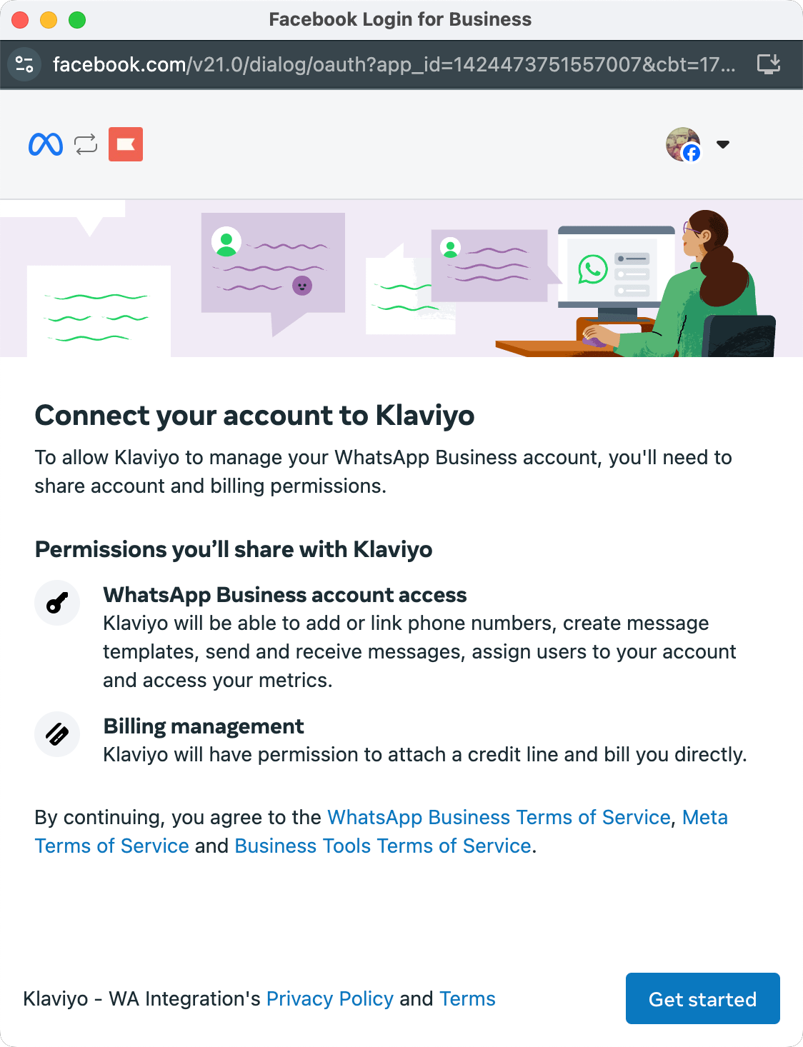 Permissions to connect WhatsApp to Klaviyo