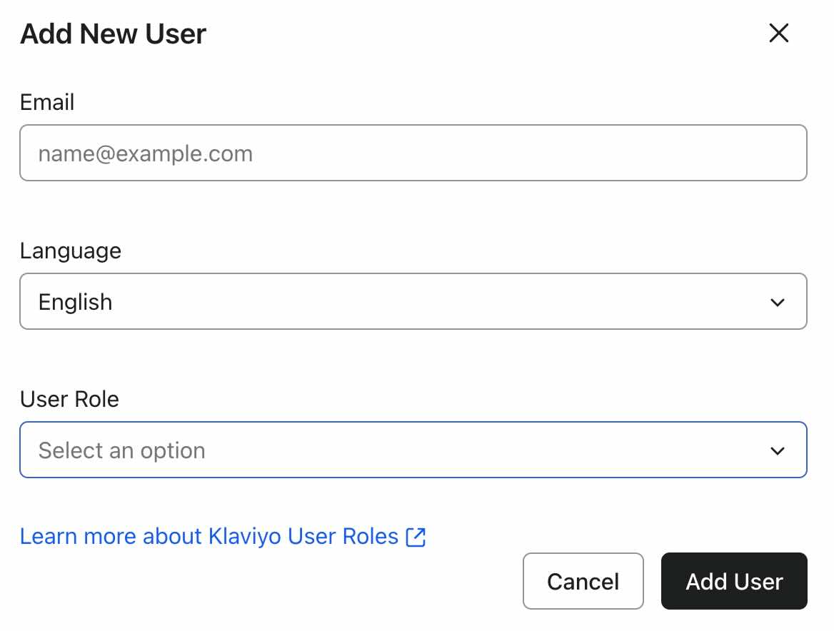 Modal to add the email address, language, and role for the new user