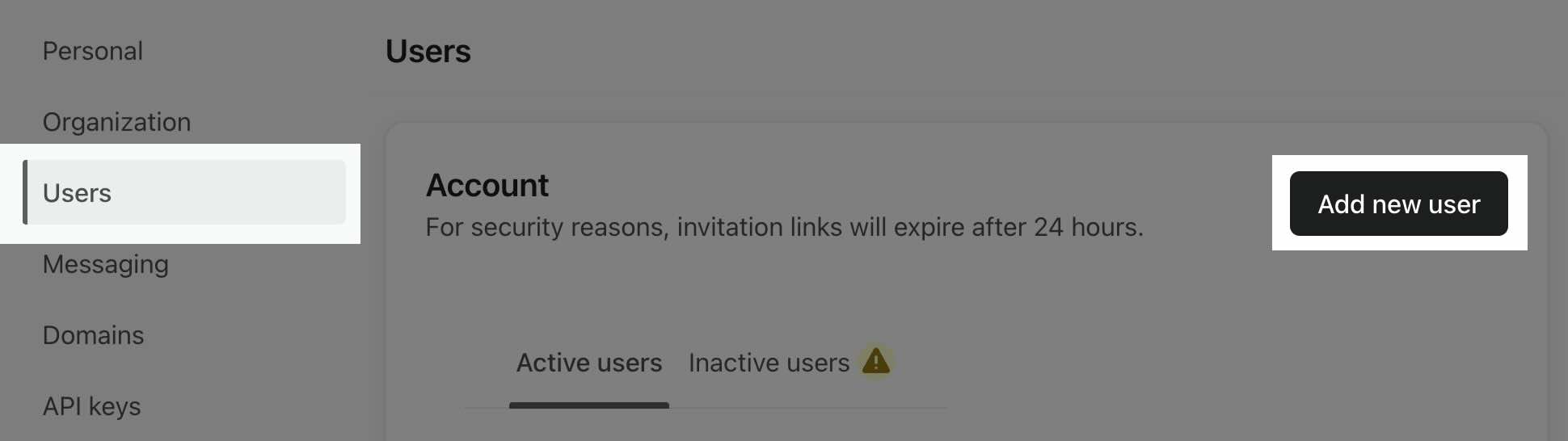 Fliken Users visar knappen Add new user (Lägg till ny användare)