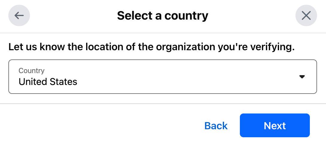 Modal to select the country for your business headquarters