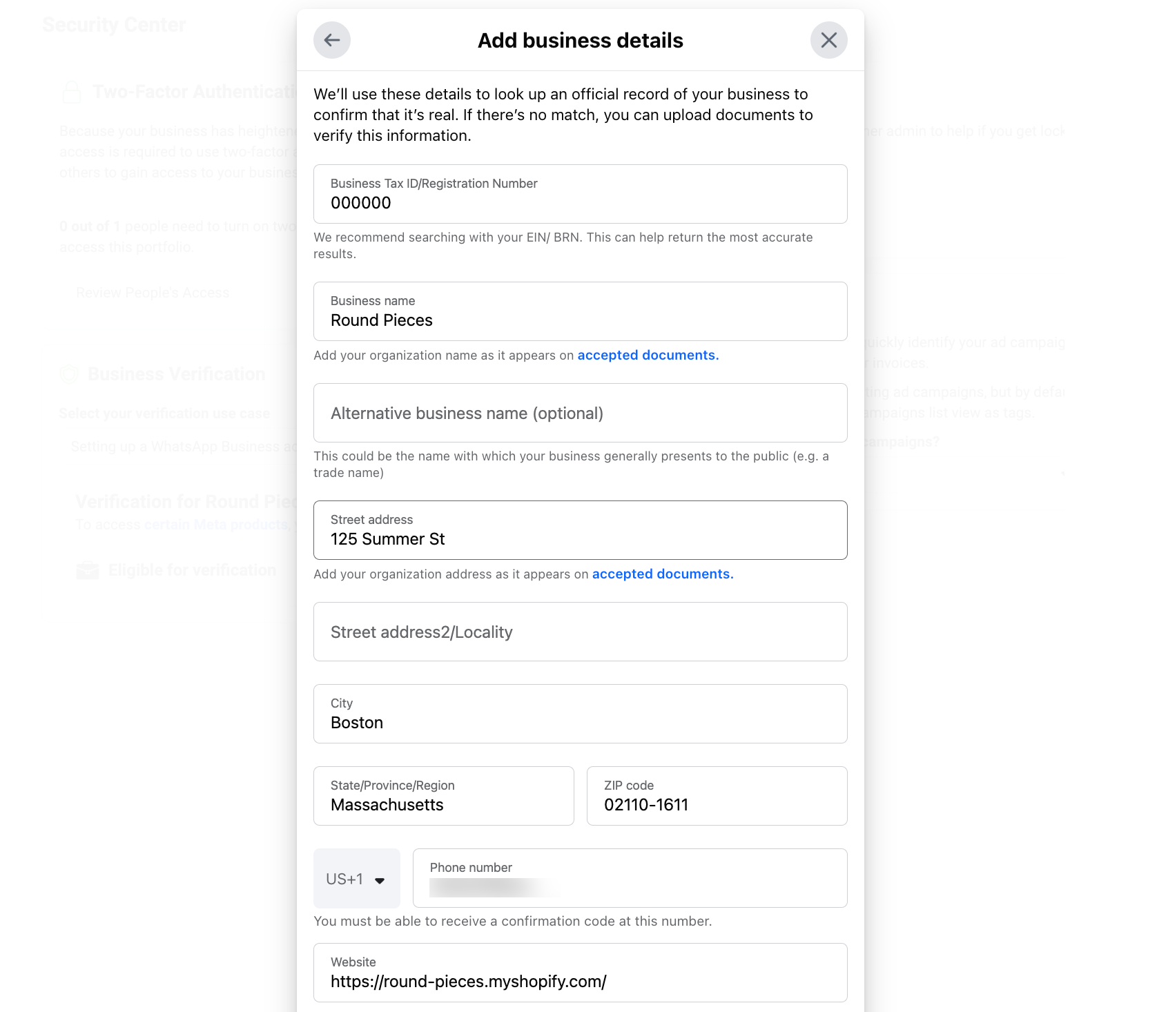 Page to fill out your business information