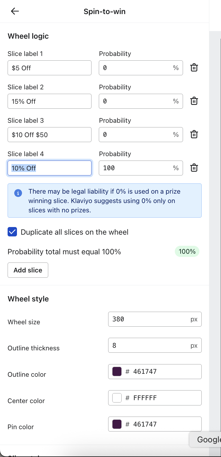 Klaviyo Spin-to-win opstelling met alleen "10% Off" met 100% waarschijnlijkheid; alle andere schijfjes ingesteld op 0%.