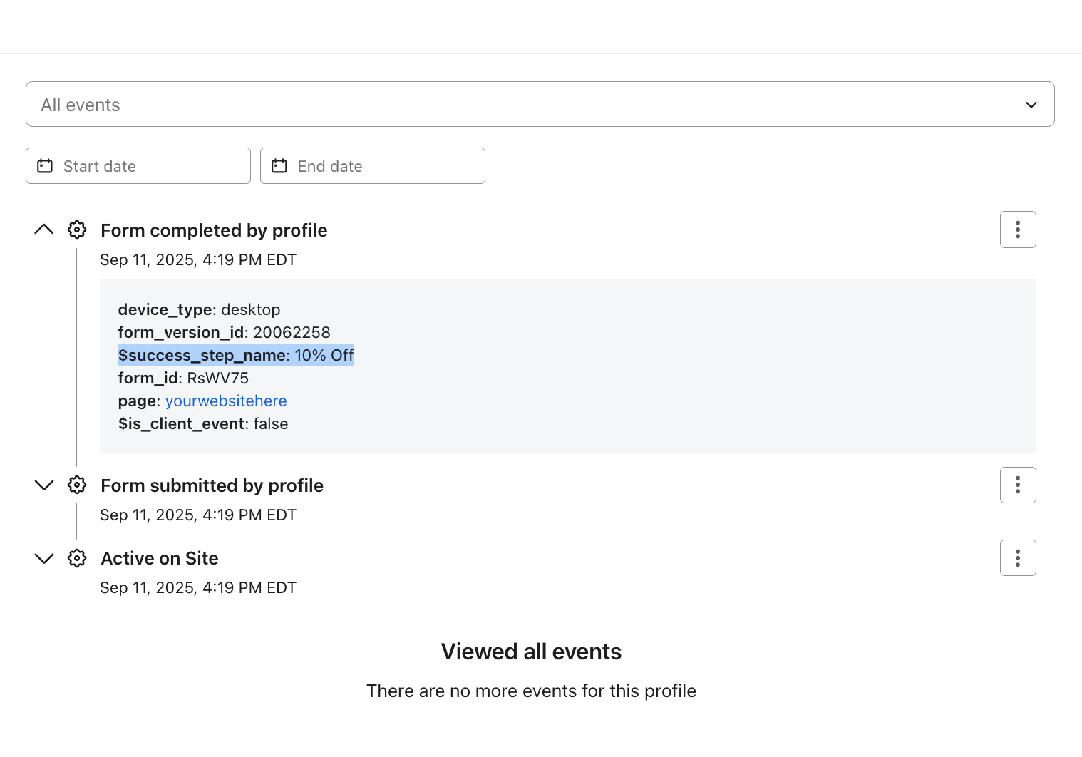 El campo success_step_name aparece resaltado en el menú de propiedades del perfil, anidado bajo el evento Formulario completado por perfil